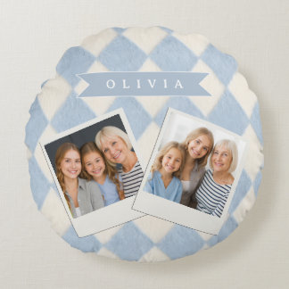 Personalized Preppy Soft Blue Fuzzy Argyle Name Round Cushion