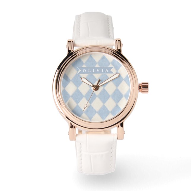 Personalized Preppy Soft Blue Fuzzy Argyle Name Watch (Front)