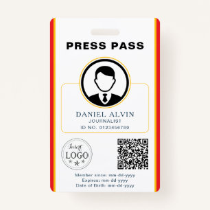 Personalized Press Pass with Photo ID & QR Code ID Badge