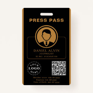 Personalized Press Pass with Photo ID & QR Code ID Badge