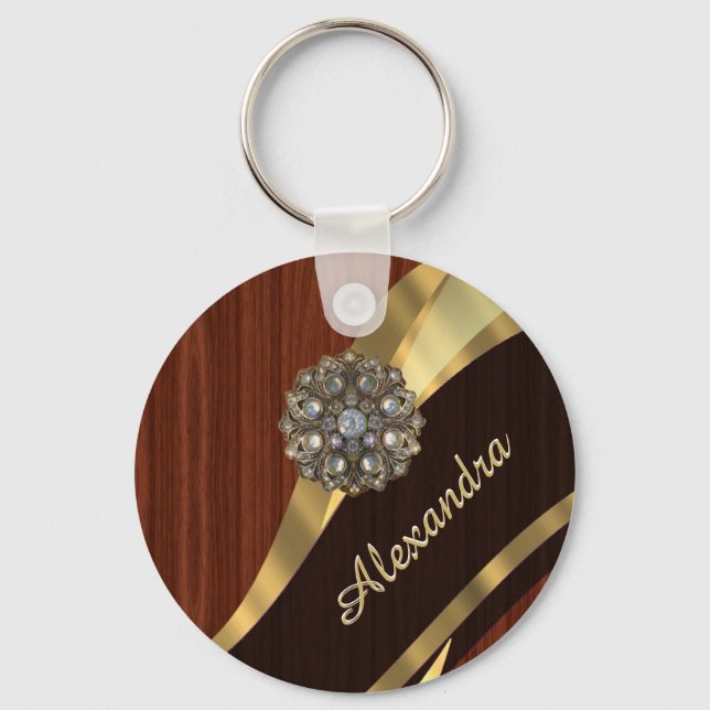 Personalized pretty faux mahogany wood key ring (Front)