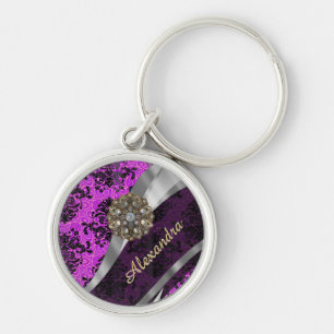 Personalized pretty magenta girly damask pattern key ring
