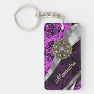 Personalized pretty magenta girly damask pattern key ring