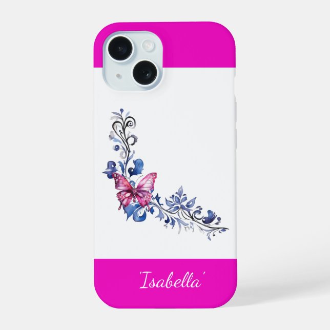 Personalized Pretty Pink Butterfly iPhone 15 Case (Back)