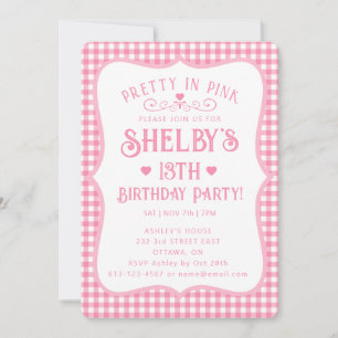 Personalized Pretty Pink Plaid 13th Birthday  Invitation