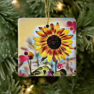 Personalized Pretty Yellow Sunflower Christmas Ceramic Ornament