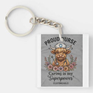 Personalized Proud Nurse Highland Cow Floral Gradu Key Ring