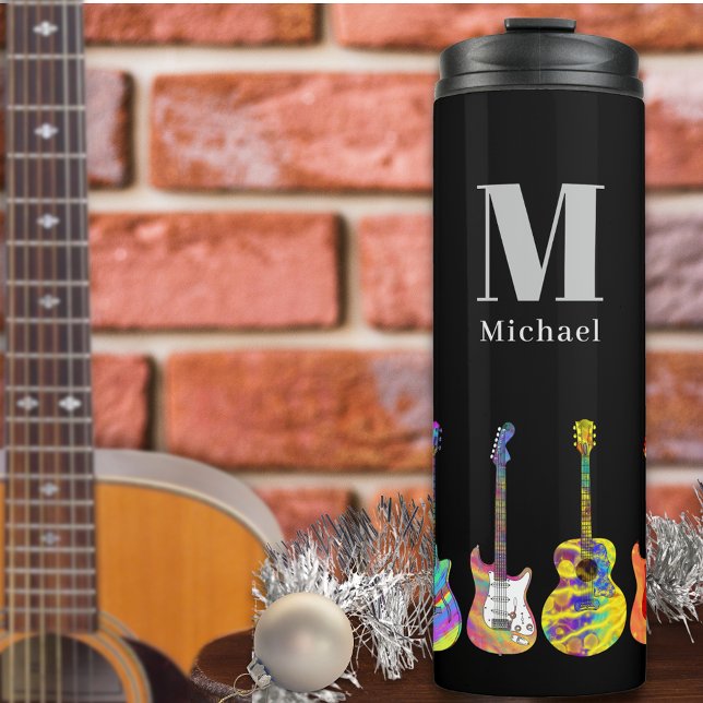 Personalized Psychedelic Christmas Guitar Pop Art Thermal Tumbler (Colorful guitar pattern on black custom monogram thermal tumbler Psychedelic guitar pop art )