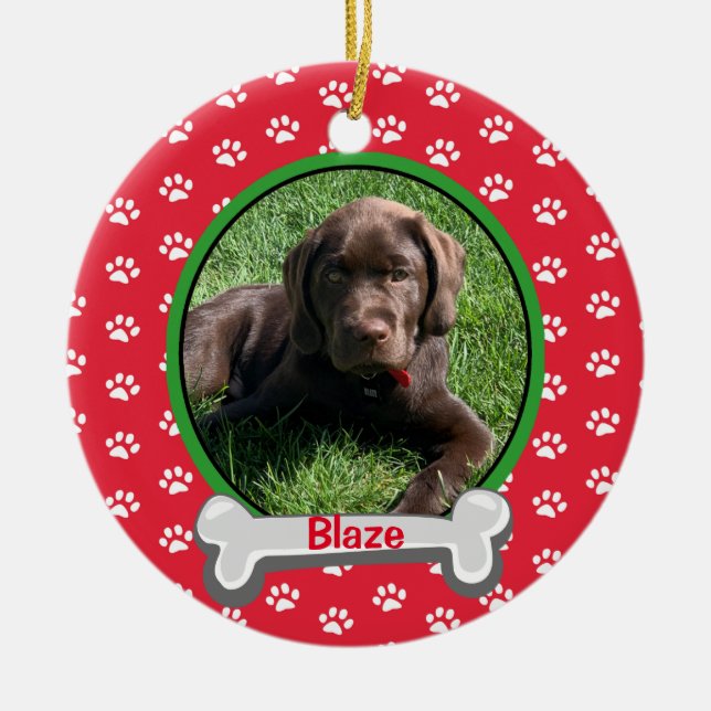Personalized Puppy Dog Paw Print Bone Photo Pet Ceramic Tree Decoration (Front)