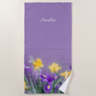 Personalized Purple and Yellow Iris Flowers Beach Towel