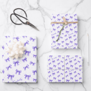 Personalized Purple Bow Name Wrapping Paper Sheet