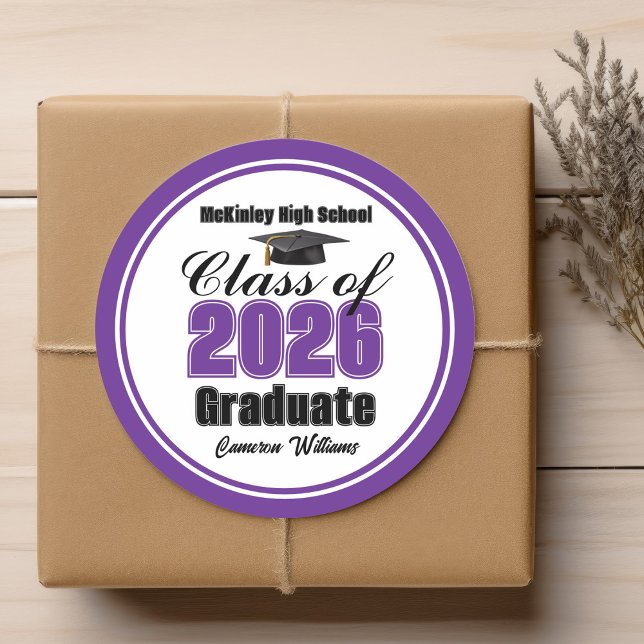 Personalized Purple Class of 2026 Graduation Party Classic Round Sticker (Creator Uploaded)
