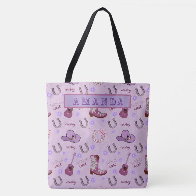 Personalized Purple Cowgirl Wild West Pattern Tote Bag (Front)