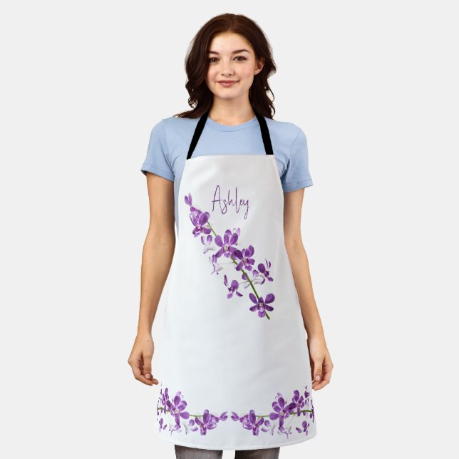 Personalized purple dendrobium orchid art apron (Worn)