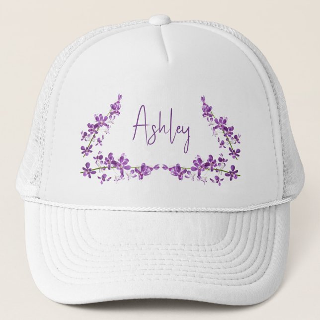 Personalized purple dendrobium orchid art trucker hat (Front)