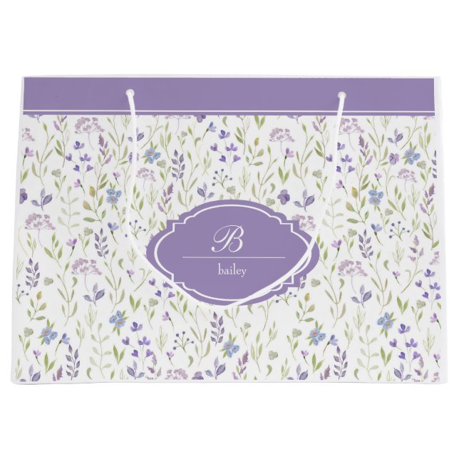 Personalized Purple Floral Monogram Large Gift Bag (Front)