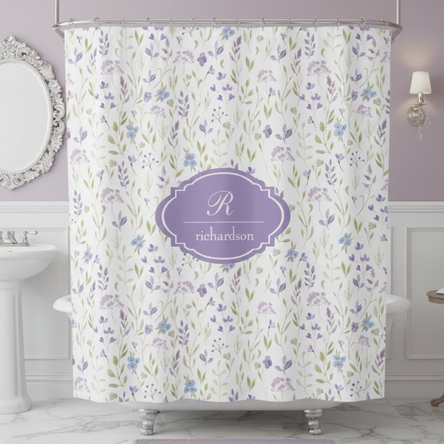 Personalized Purple Floral Monogram Shower Curtain (purple wildflower floral meadow garden shower curtain with custom monogram name and initial)