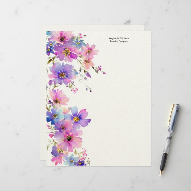 Personalized Purple Pink Wildflowers Florals  Custom Letterhead (Front/Back In Situ)