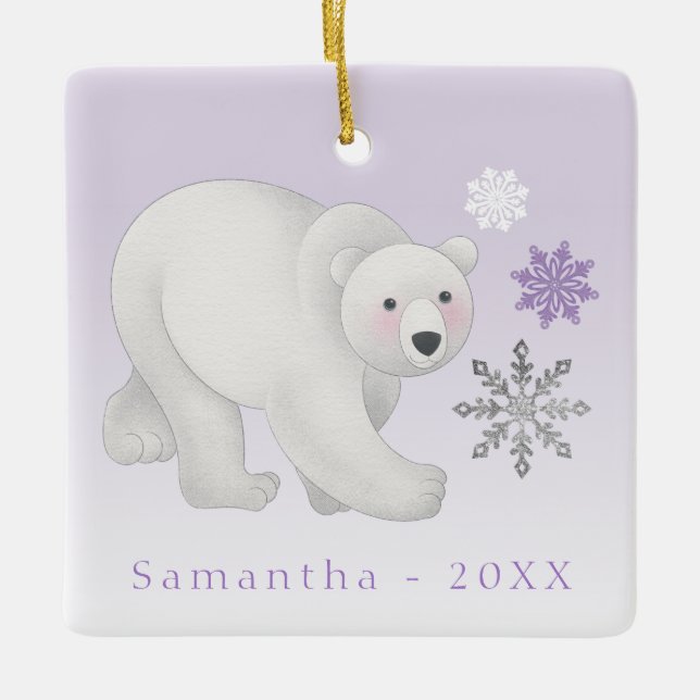 Personalized Purple Polar Bear Ceramic Ornament (Front)