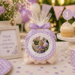 Personalized Purple Polka Dot Photo 1st Birthday  Classic Round Sticker