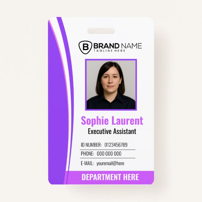 Personalized Purple White Corporate Staff ID Badge (Front)