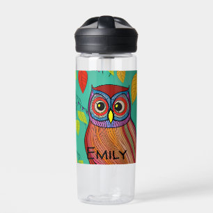 Personalized Quirky Colorful Folk Art Abstract Owl Water Bottle