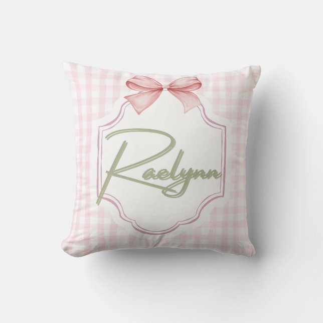 Personalized Raelynn Baby Girl Nursery Bow&Gingham Cushion (Front)