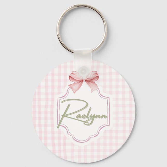 Personalized Raelynn Baby Girl Nursery Bow&Gingham Key Ring (Front)