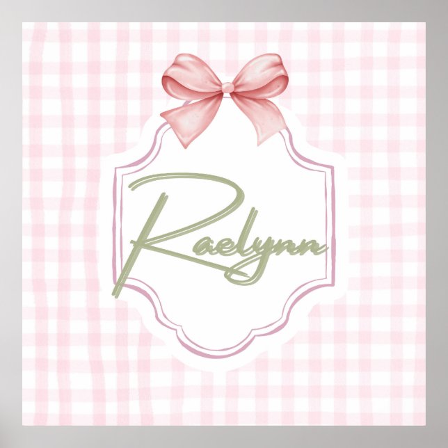 Personalized Raelynn Baby Girl Nursery Bow&Gingham Poster (Front)
