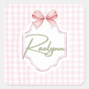 Personalized Raelynn Baby Girl Nursery Bow&Gingham Square Sticker