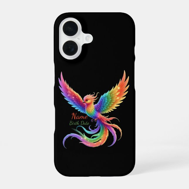 Personalized Rainbow Phoenix Name Birthdate Gift iPhone 16 Case (Back)
