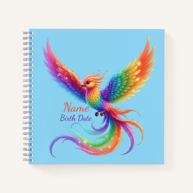 Personalized Rainbow Phoenix Name Birthdate Gift Notebook (Front)