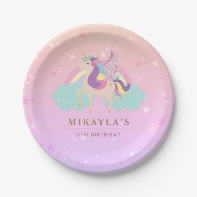 Personalized Rainbow Unicorn Magical Birthday Cute Paper Plate (Front)