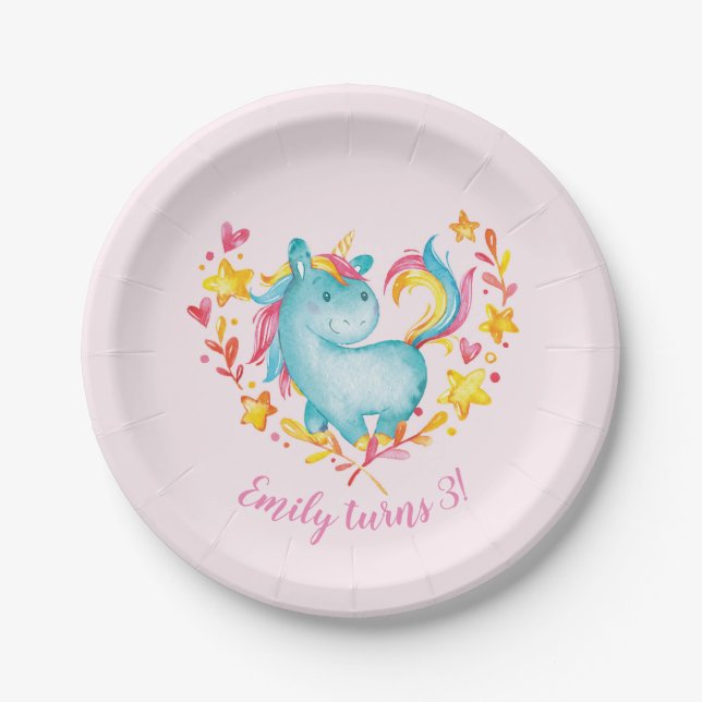 Personalized rainbow unicorn party plates (Front)