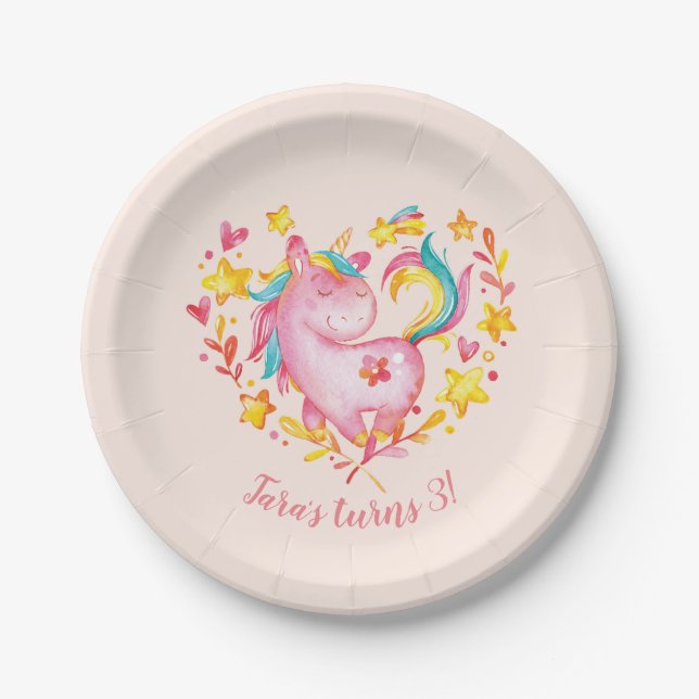 Personalized rainbow unicorn party plates (Front)