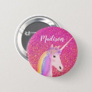Personalized Rainbow Unicorn Pink Glitter 6 Cm Round Badge