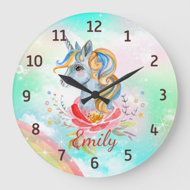 Personalized Rainbow Unicorn Wall Clock for Kids (Front)