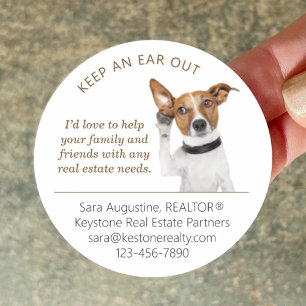 Personalized Realtor Referral Dog, Keep an Ear Out Classic Round Sticker