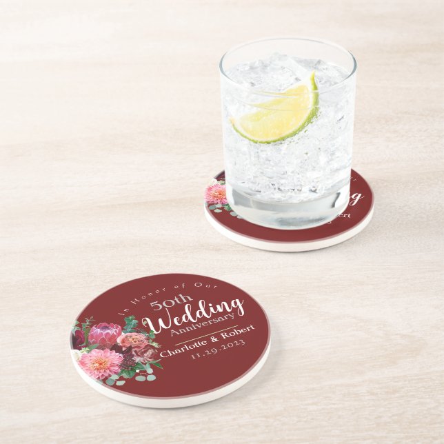 Personalized Red 50th Couples Wedding Anniversary  Coaster (Side)