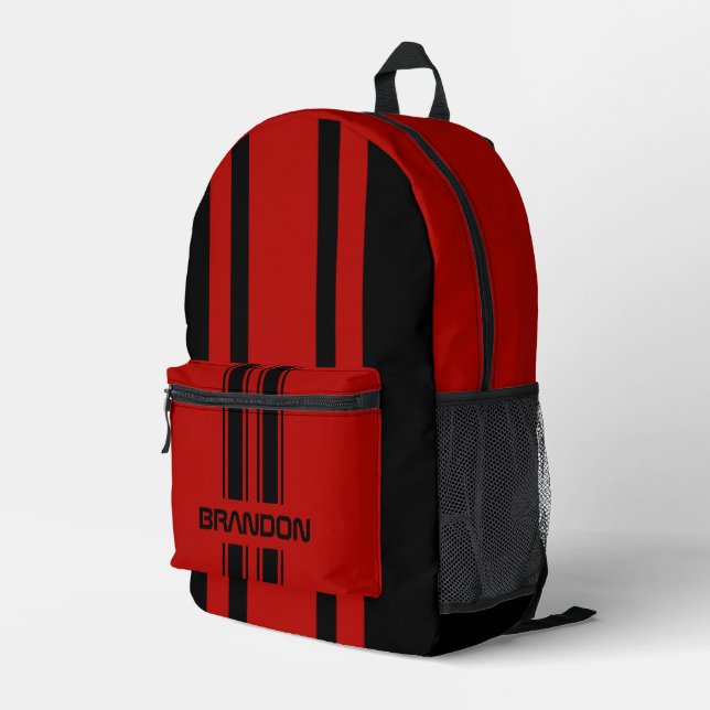 Personalized Red And Black Racing Stripe Travel Printed Backpack (Back Corner Right)