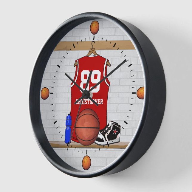 Personalized Red and White Basketball Jersey Wall Clock (Angle)
