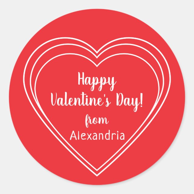 Personalized Red and White Happy Valentine's Day Classic Round Sticker (Front)