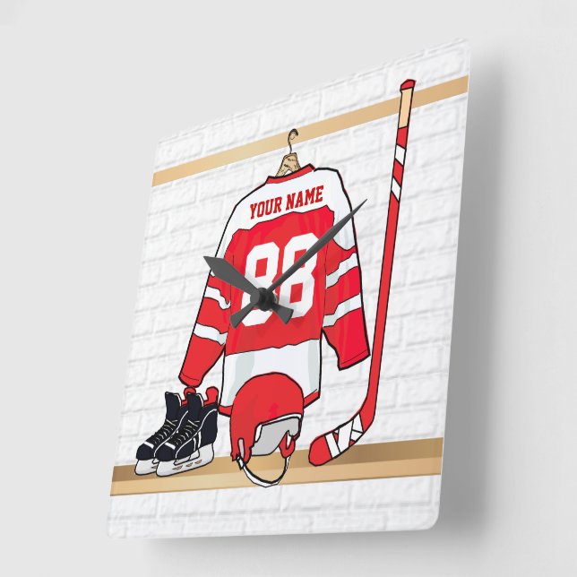 Personalized Red and White Ice Hockey Jersey Square Wall Clock (Angle)