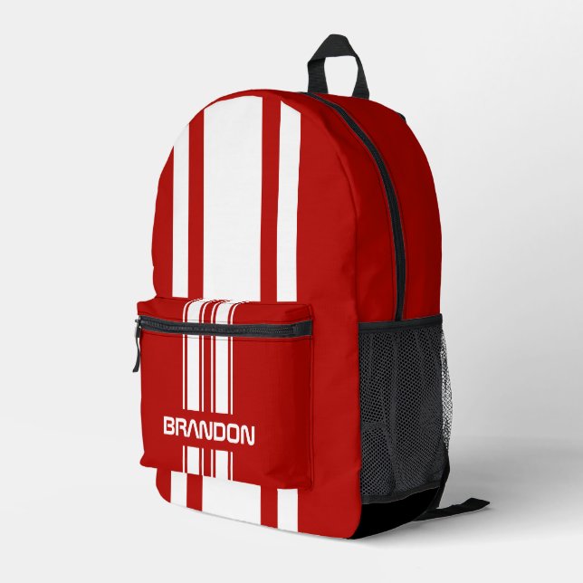 Personalized Red And White Racing Stripe Printed Backpack (Back Corner Right)