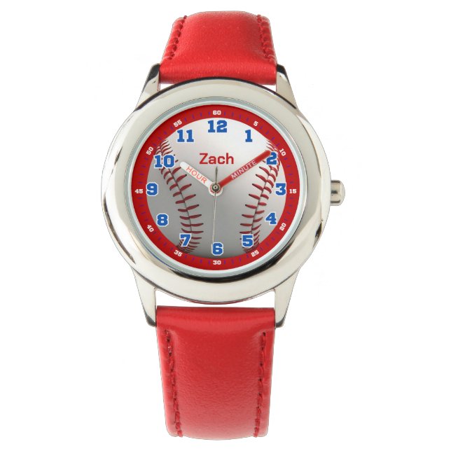 Personalized Red Baseball Boys Learning Time Kids Watch (Front)