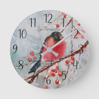Personalized Red Bird Winter Scene Round Clock