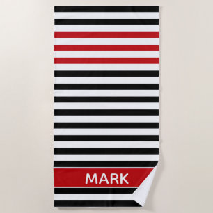 Personalized Red Black And White Multi Stripe Beach Towel