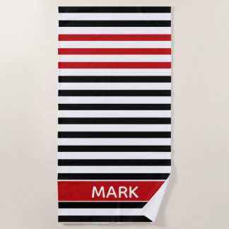Personalized Red Black And White Multi Stripe Beach Towel