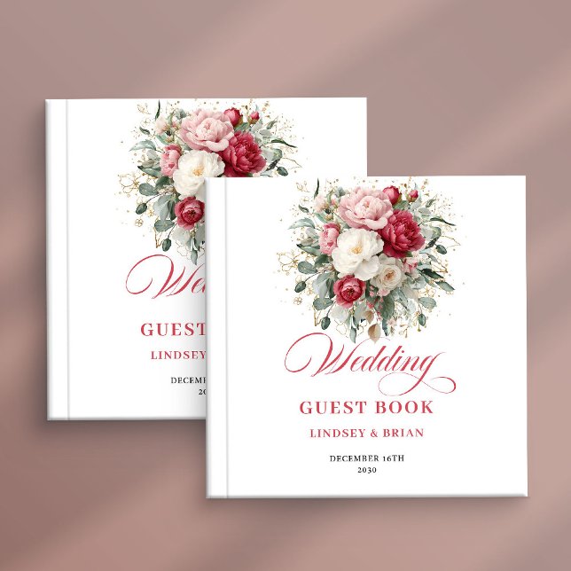 Personalized Red Blush Floral Wedding Guest Book (Burgundy Blush flowers wedding guestbook,
crimson red ruby guest book ,
Watercolor Soft pink floral )