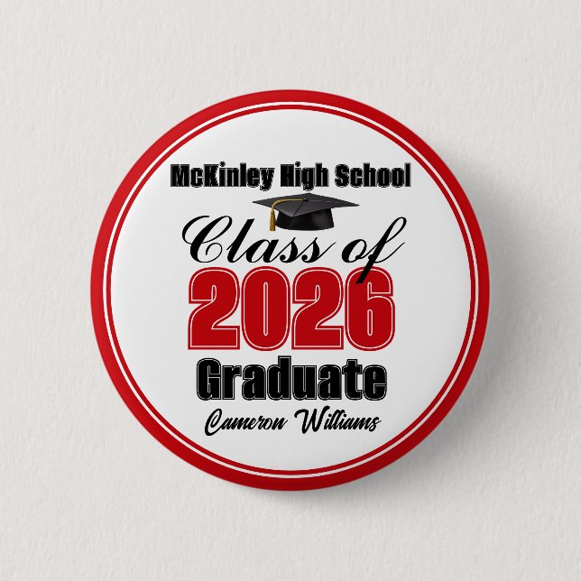 Personalized Red Class of 2026 Graduation Party 6 Cm Round Badge (Front)